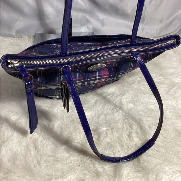 Coach Legacy Blue Plaid Sig C Canvas with Leather Shoulder Bag G1276-F20040 EUC - Picture 8 of 12